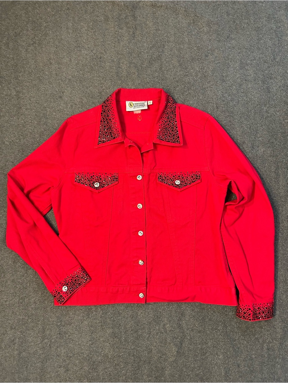 Vintage Christian Alexander Red Bedazzled Denim Jacket